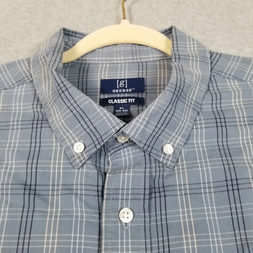 George Button Up Shirt Mens XL Blue Plaid Classic Fit Short Sleeve Casual Work